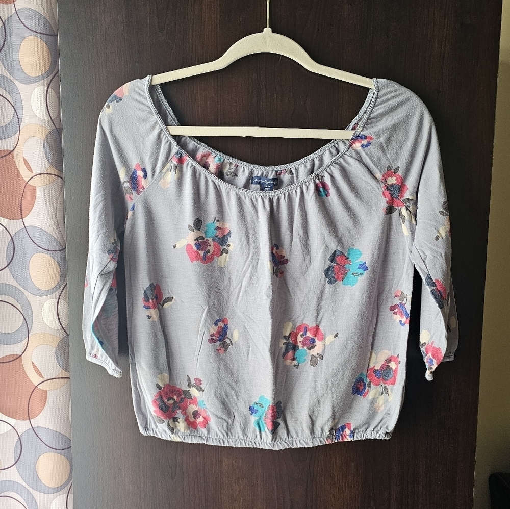 American Eagle Outfitters Floral Blouse - Gray with Red and Blue Accents
